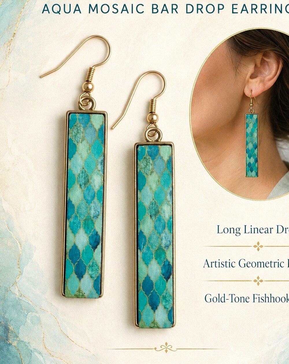 Tell Your Tale Aqua Mosaic Long Linear Bar Drop Earrings - Gold-Tone Fishhook